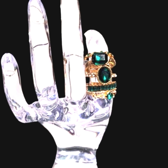 Ring Set Green Zirconias Gold Tone - Picture 4 of 10